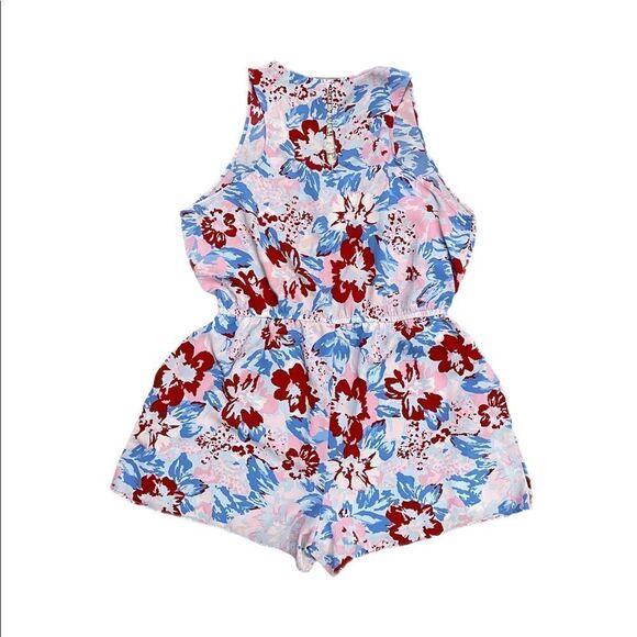 Gibson Floral Pink Blue Woven RomperJumpsuit - Picture 8 of 11